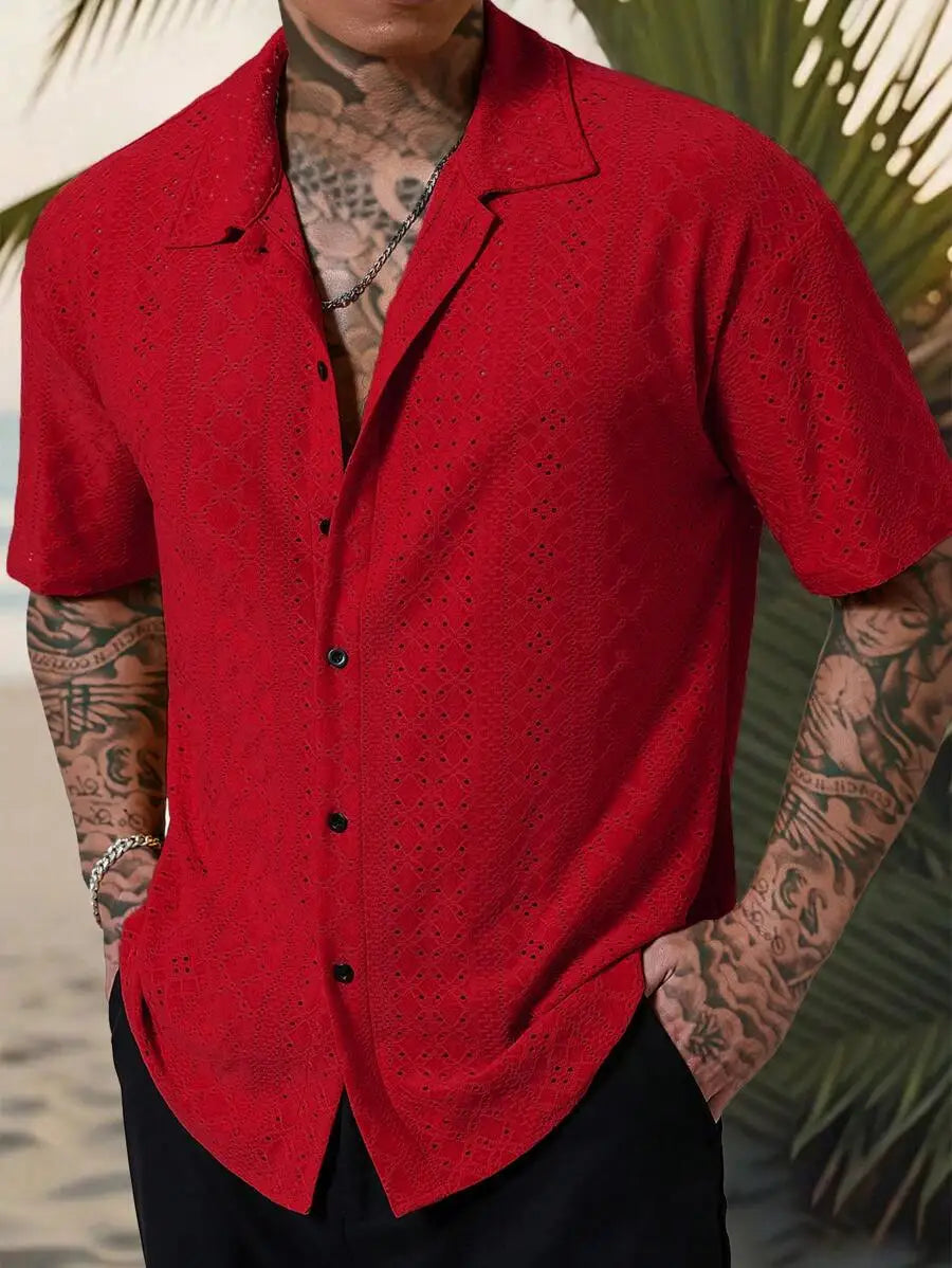 Men's Yellow Eyelet Lacework Short Sleeve Button-Down Casual Shirt