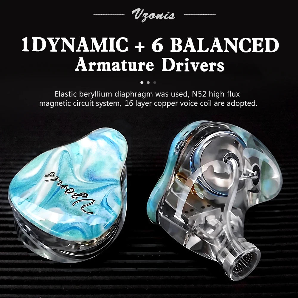 Vzonis VP07 Resin HiFi earphones in ear 7 Drivers unit IEM Earbuds high-resolution monitoring fever music Headset Fashion blue