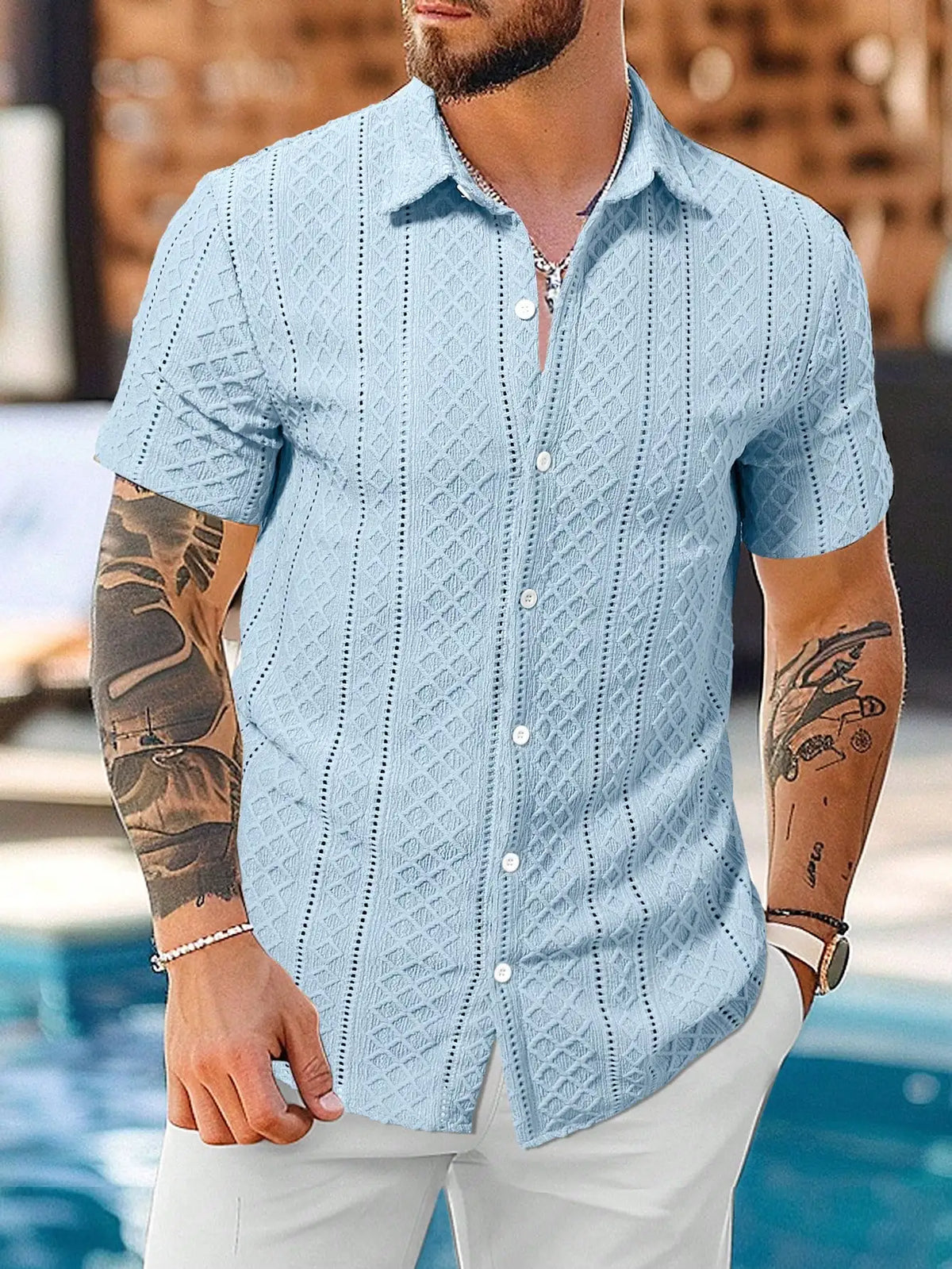 Men's Casual Short Sleeve Shirt with Textured Diamond Pattern, Lightweight Breathable Fabric for Summer Vacation