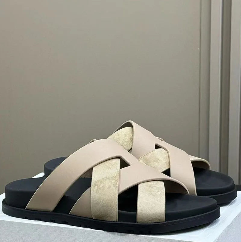 2026 Spring and summer braided calfskin functional sandals, suede color-block slippers, couple's vacation beach slippers