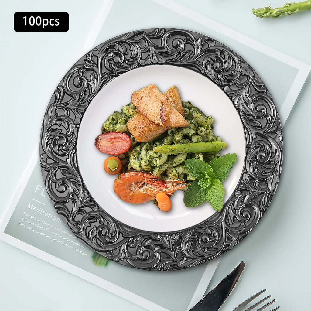 100 PCS Black Charger Plates Set Elegant Wedding Party Decor12.99 Inch Reusable Plastic Serving Trays for Table Setting Birthday
