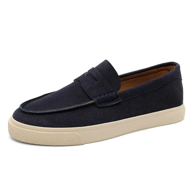 Men's Genuine Suede Moccasins: Black Round Toe, Decorative Flap, Stitching Accents, Brown Lining & Plush Comfort Fit