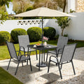 Outdoor Dining Sets or 4, Square Steel Slat Table with 4 Textilene Chairs, 5 Piece Patio Table and Chairs Set with Adjustable Um