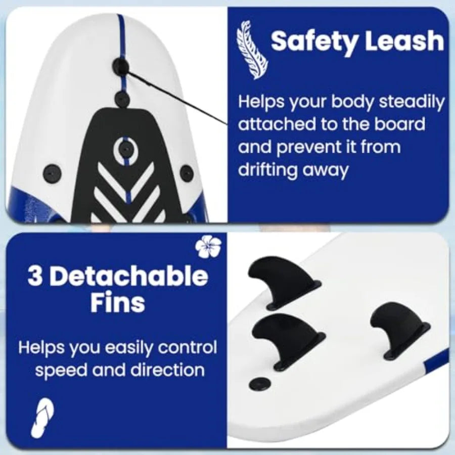 6' Surfboard Surfing Board with 3 Removable Fins Safety Leash EPS Core and EPE Deck Lightwght Surf Board for Teenagers Adults B