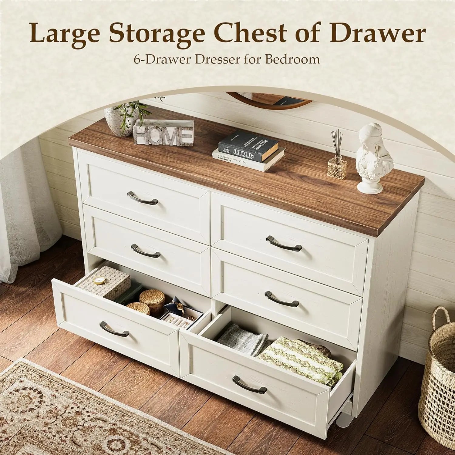 Farmhouse 6 Drawer Dresser for Bedroom, 47” Wide Rustic Storage Dresser with Engineered Wood Frame, Anti-Tip Safety, Customized