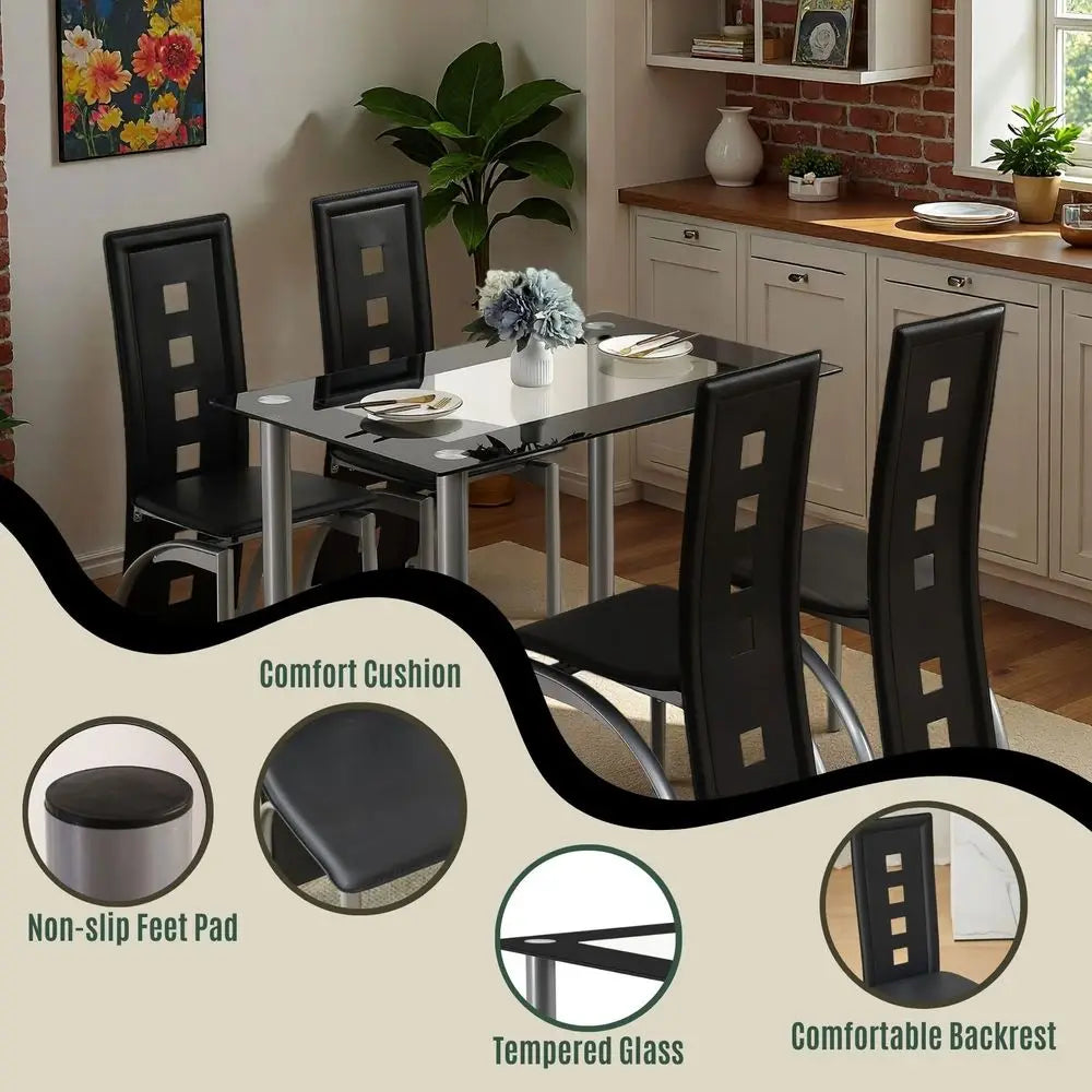 5Piece Dining Table Set with 1 Glass Dining Table and 4 PVC Chairs, Modern Dining Table Set for Kitchen amp Breakfast Dining Liv