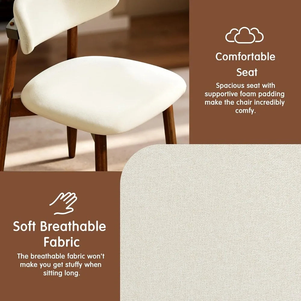 Set of 6 Upholstered Solid Wood Dining Chairs, Beige Fabric with Ergonomic Curved Back