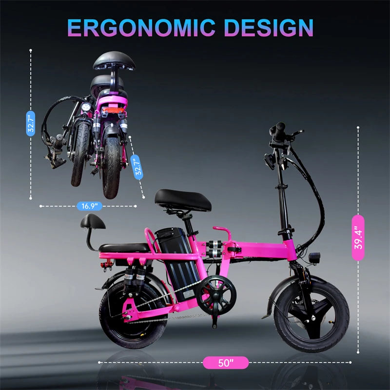 Pink Folding Electric Bike for Adults Teens 500W Peak Motor 48v 20ah Battery Commuter City Ebike