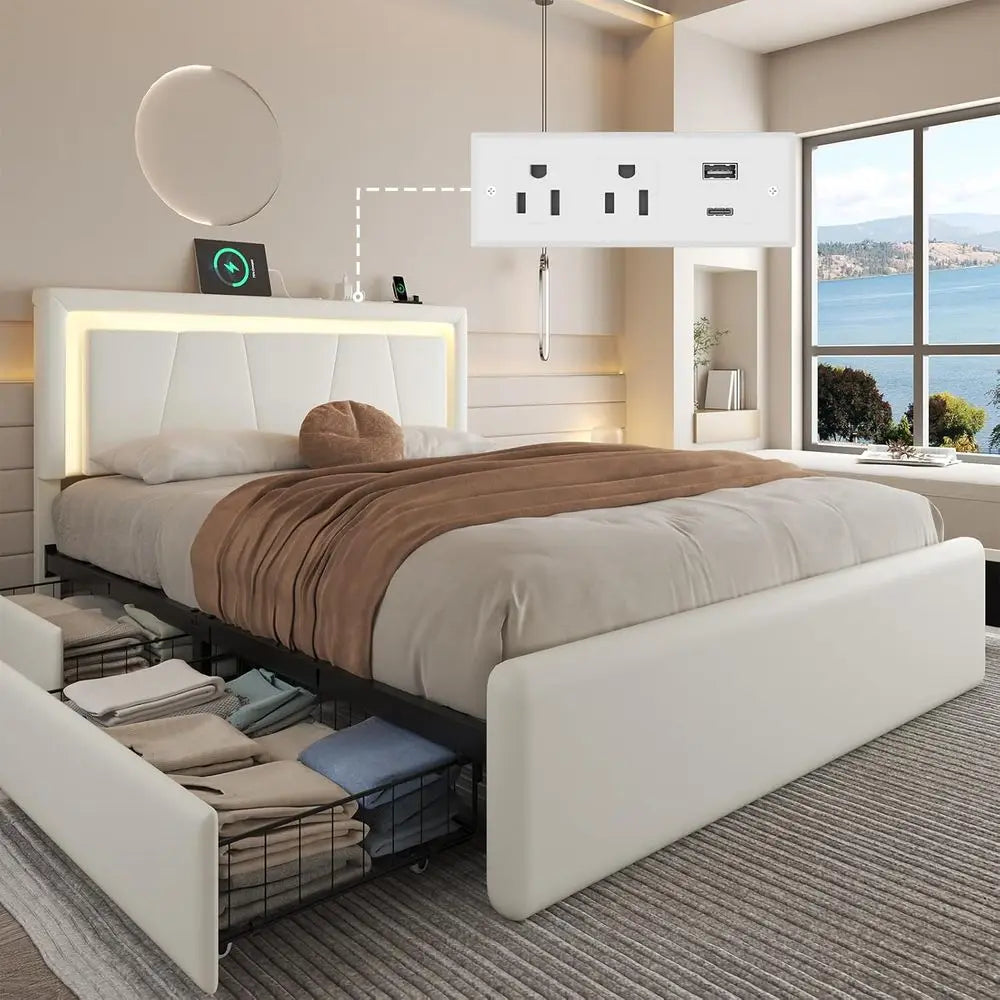King Size Bed with 4 Storage Drawers, Charging Station, LED Light, Adjustable Headboard, Noise-Free, No Box Spring Needed, Easy