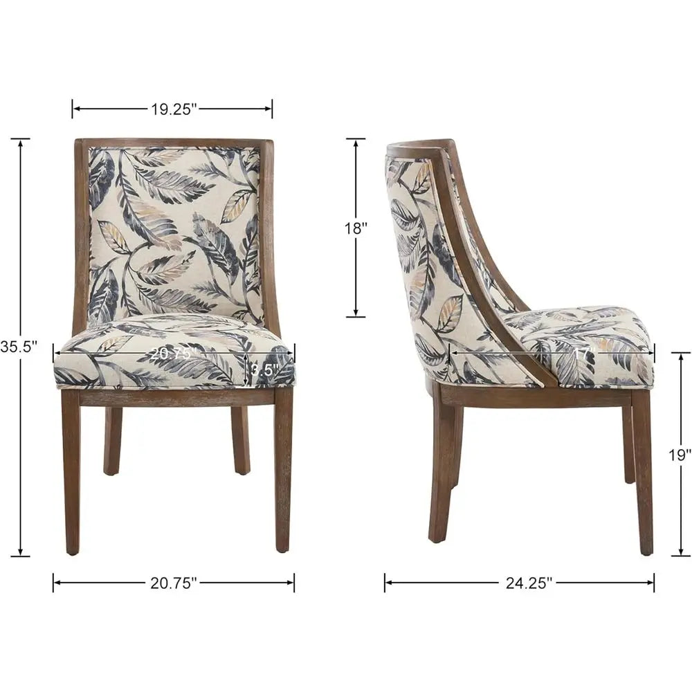 Upholstered Dining Chairs Set of 2, Curved High Back, Walnut Legs, Linen Floral Padded Seat