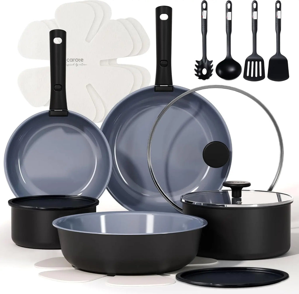 19PCS Ceramic Cookware Sets, Black and Gray, Pots and Pans Set Non Stick Non Toxic, Induction Cookware, Kitchen Cookware Sets, P