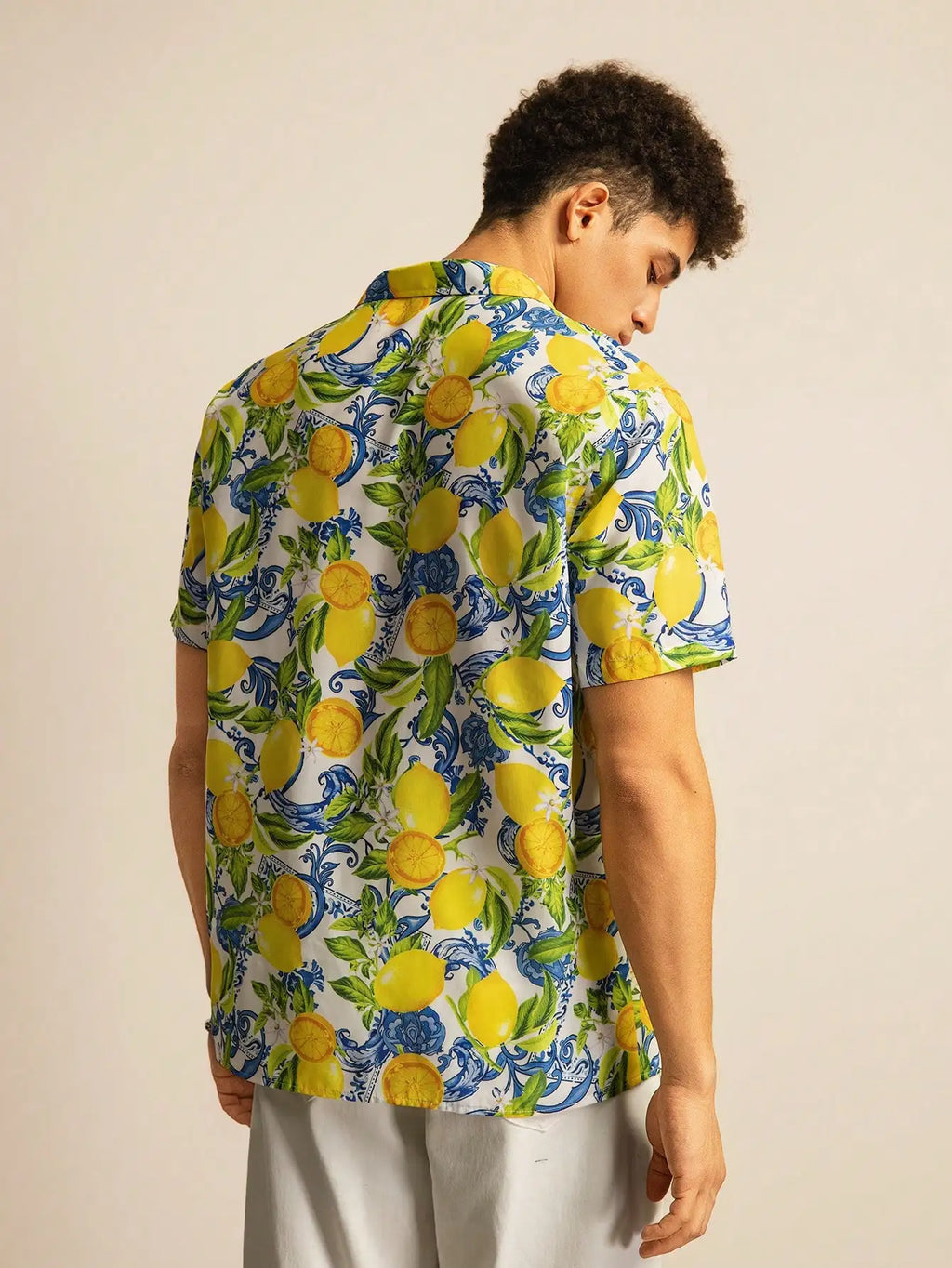 Lemon Print Short Sleeve Button-Down Shirt for Men, Casual Vacation Style