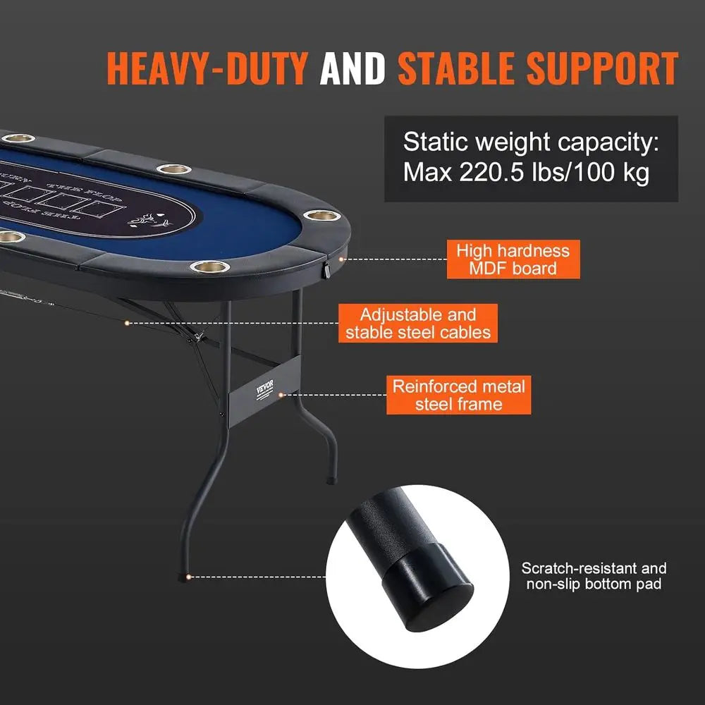 8-Player Poker Table, Portable Folding Card Game Table, Casino-Style Leisure Table with Padded Rails and Stainless Steel Cup Hol
