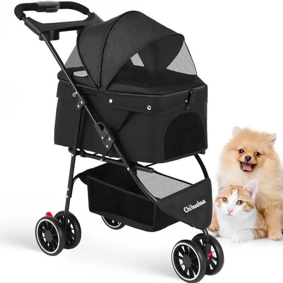 Stroller,Dog Stroller for Small Medium Dogs Cats,3 Wheels,Foldable,with Breathable Mesh Canopy,Cup Holders,Easy Assembly,Black