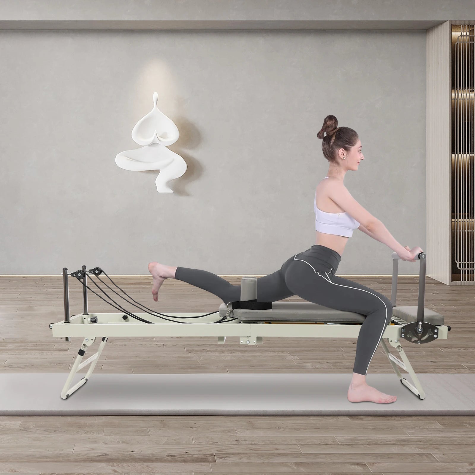 Foldable Pilates Reformer Machine Elastic Latex Spring Multifunctional Yoga Fitness Equipment 264.55lbs Load for Gym/Yoga Studio