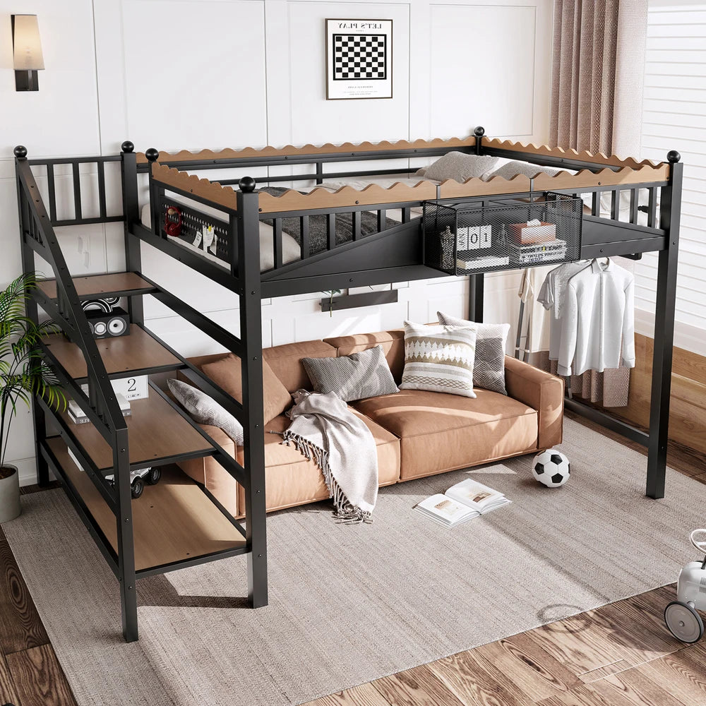 Full Size Loft Bed with Storage Stairs, Metal Loft Beds Frame with Storage Shelves and bookshelf, Loft Bed for Bedroom, Guest