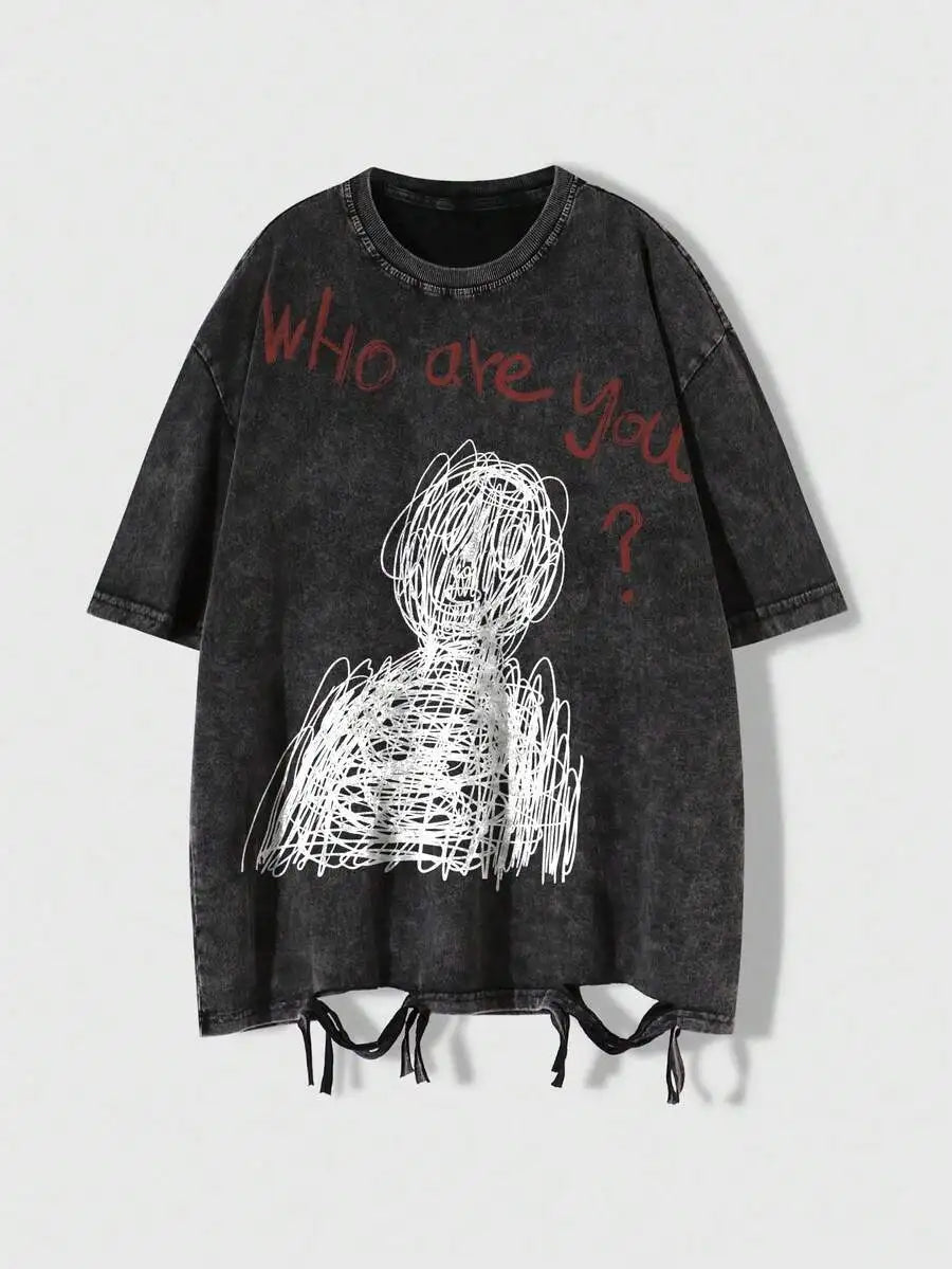 Distressed Oversized Graphic Tee with Eye Print, Gothic Punk Style, Ripped Hem