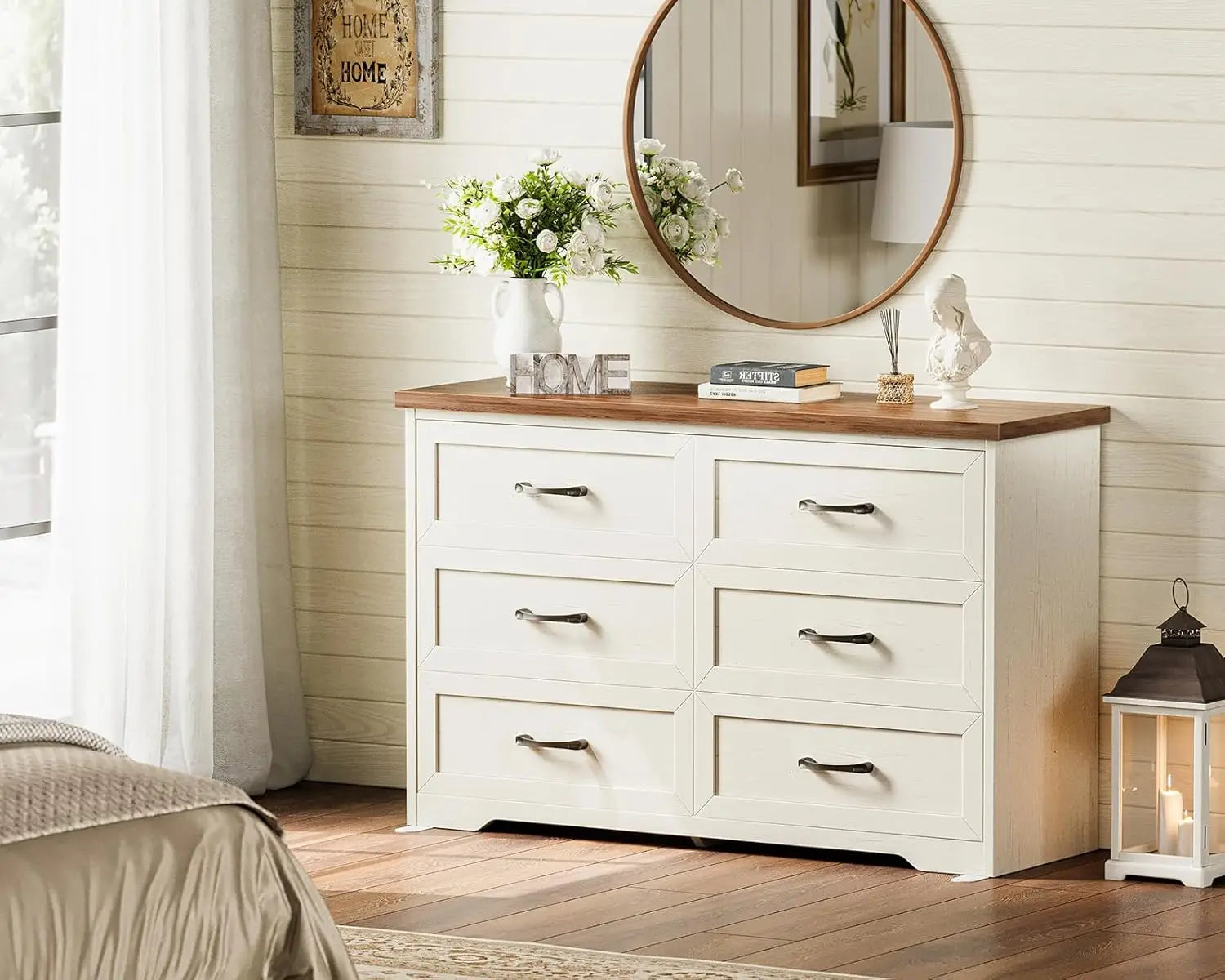 Farmhouse 6 Drawer Dresser for Bedroom, 47” Wide Rustic Storage Dresser with Engineered Wood Frame, Anti-Tip Safety, Customized