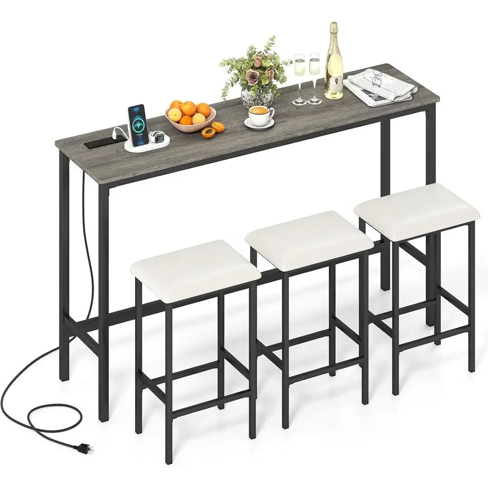 4-Piece Counter Height Bar Set with Outlet, 60 Dining Table & 3 Padded Stools, Kitchen Island Table with Upholstered Chairs for