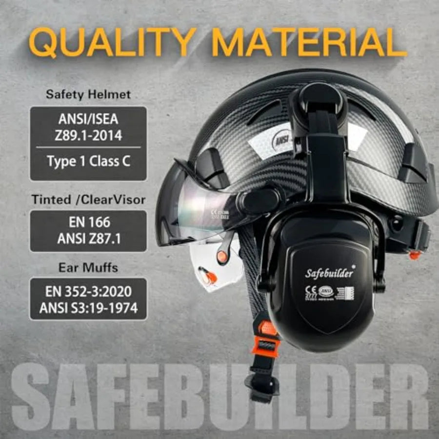 Industrial Safety Helmet with Visor and Ear Muffs for Construction Workers Vented Hard Hat with Enhanced Head Protection Meetin