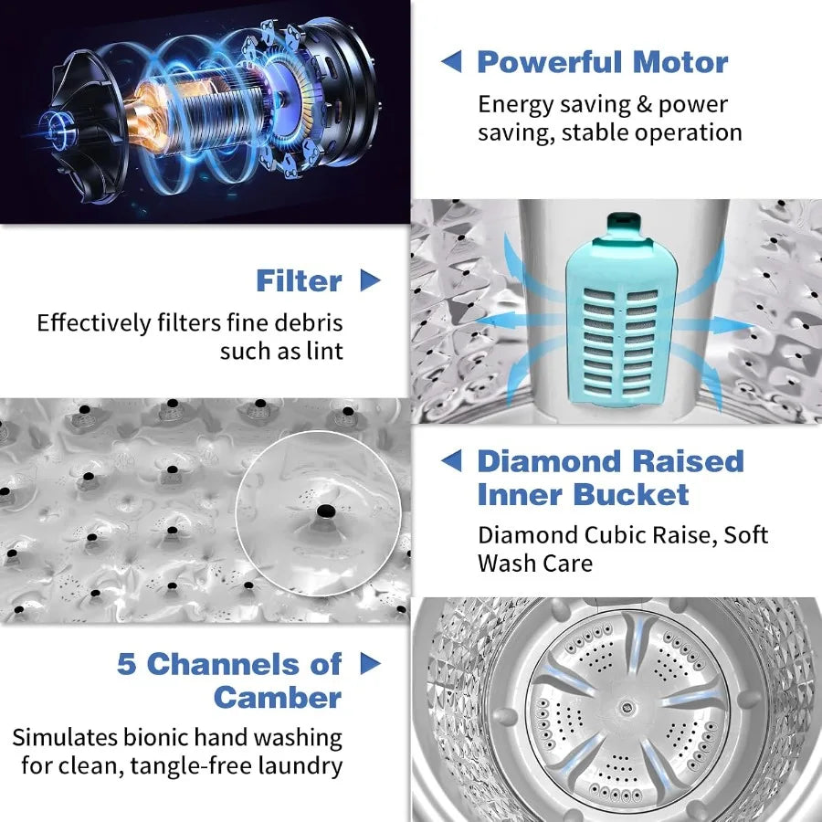 Full Automatic Washing Machine 17.8Lbs Top Load Portable Washer with Drain Pump 8 Wash Programs 5 Water Levels 2 in 1 Washer an