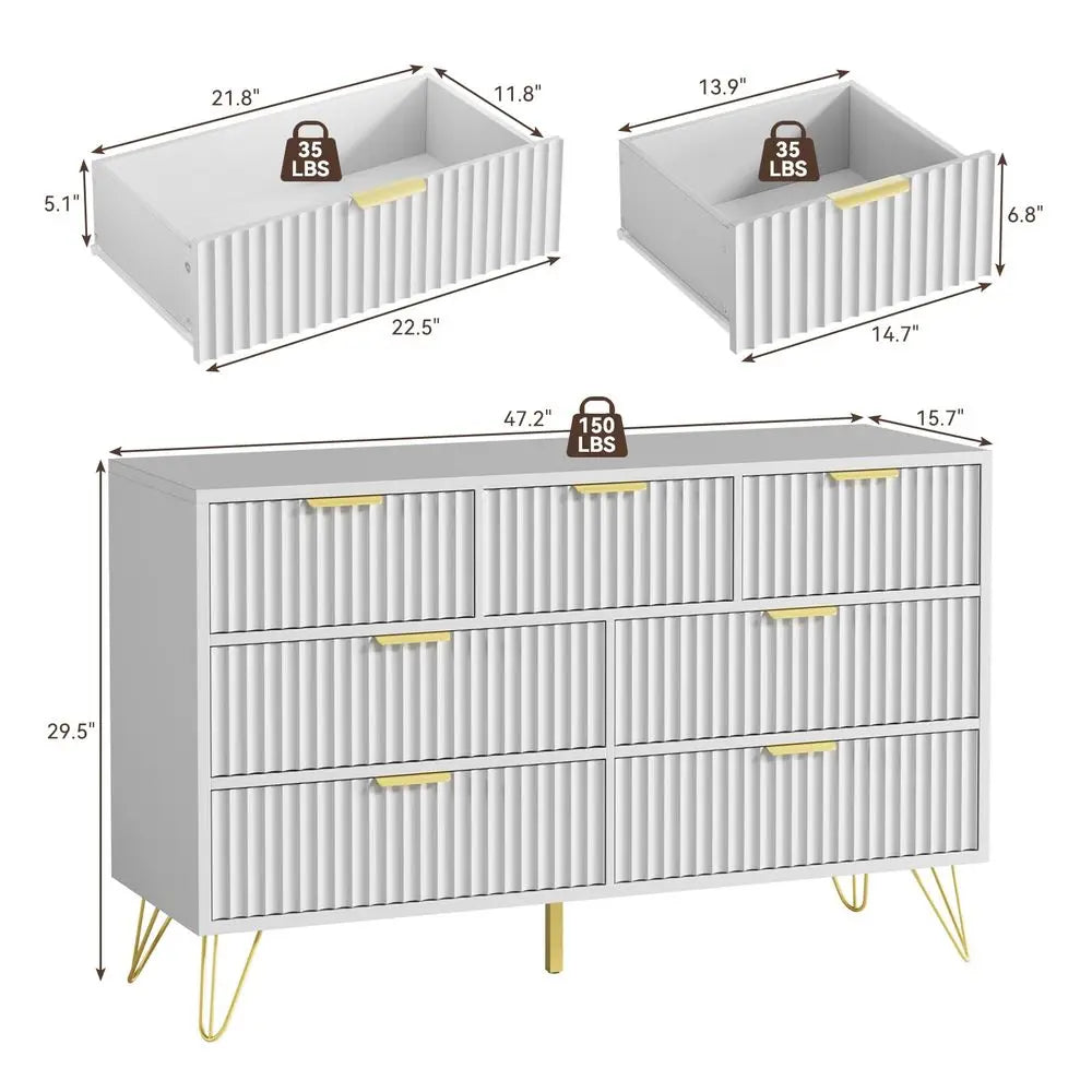 Fluted Dresser for Bedroom, White 7 Drawer Dresser with Gold Handles and Wide Drawers, Wood Chest of Drawers for Bedroom, Hallwa