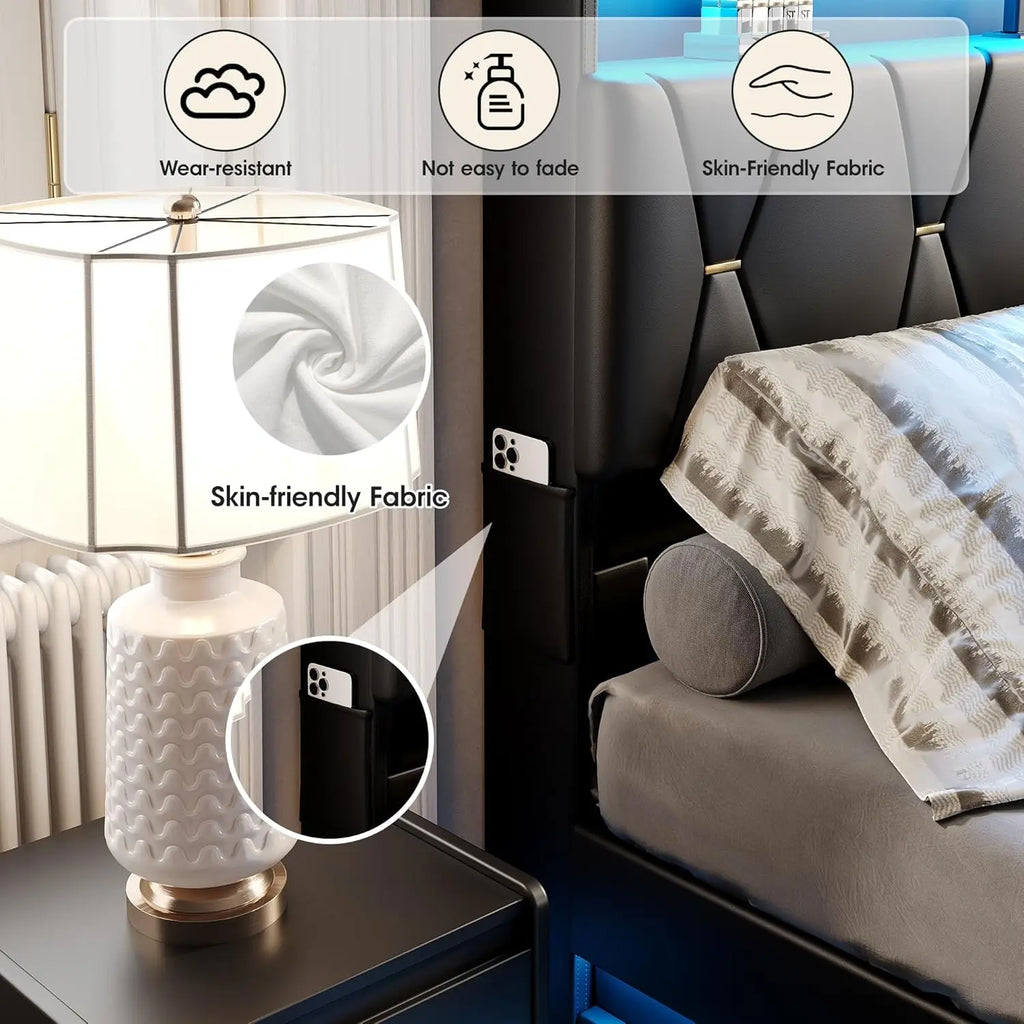 Queen Size Lift-Up Storage Bed Frame with LED Lights, Charging Station & Noise-Free Design