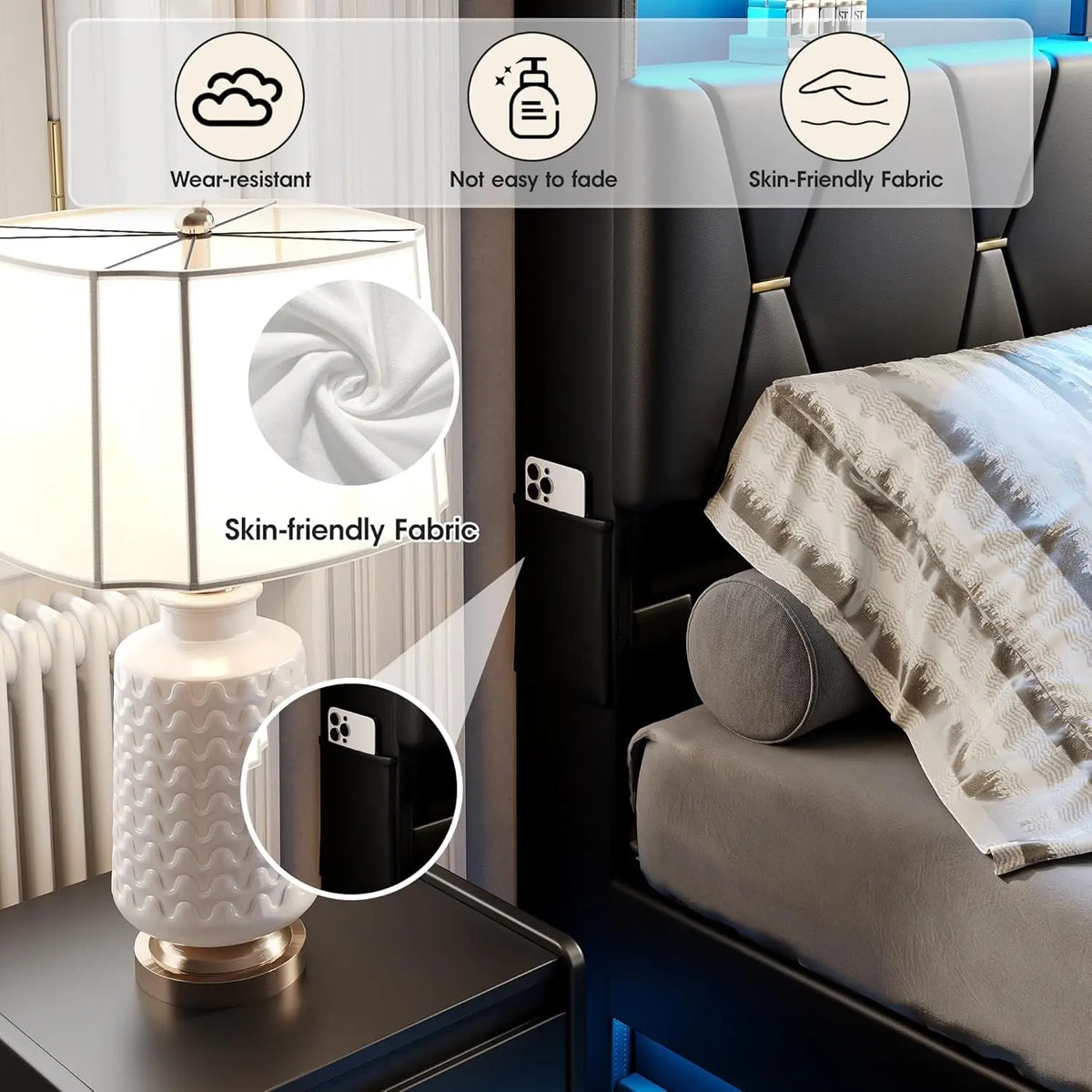 Queen Size Lift-Up Storage Bed Frame with LED Lights, Charging Station & Noise-Free Design
