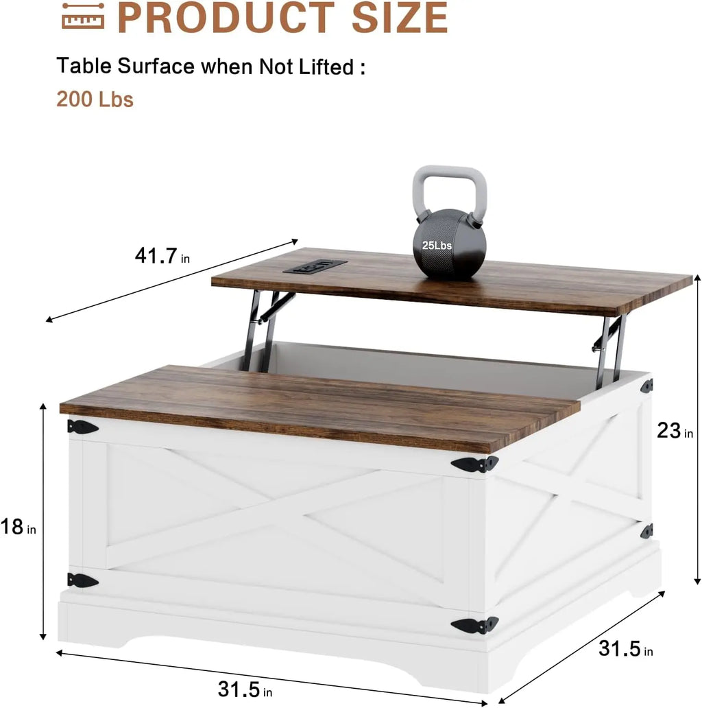 Lift Top Coffee Table with Storage, Square Coffee Table for Living Room with Charging Ports, Farmhouse Dining Table