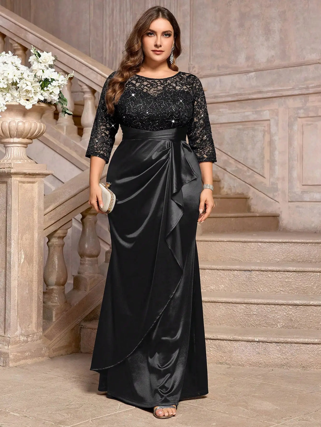 Sequin Floral Lace Ruffle Satin Maxi Dress For Evening Wedding Guest Gala