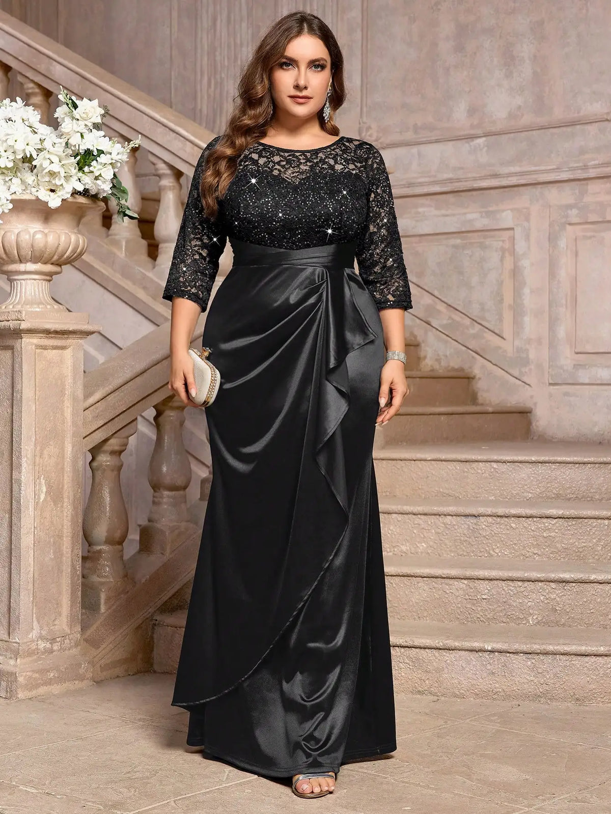 Sequin Floral Lace Ruffle Satin Maxi Dress For Evening Wedding Guest Gala