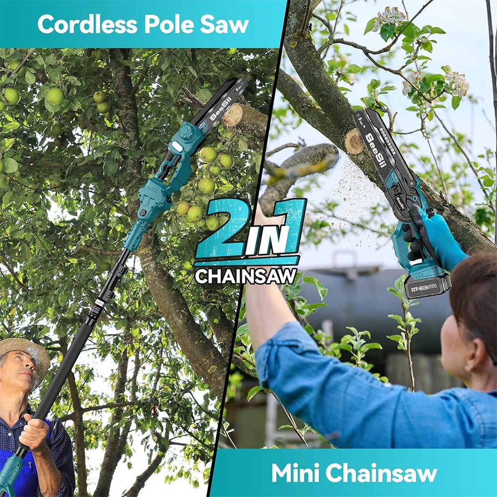 SEESII 2 in 1 Cordless 8 inch Pole Saw Mini Chainsaw Power Electric Polesaw Chain Saw with Extension Pole for Tree Trimming