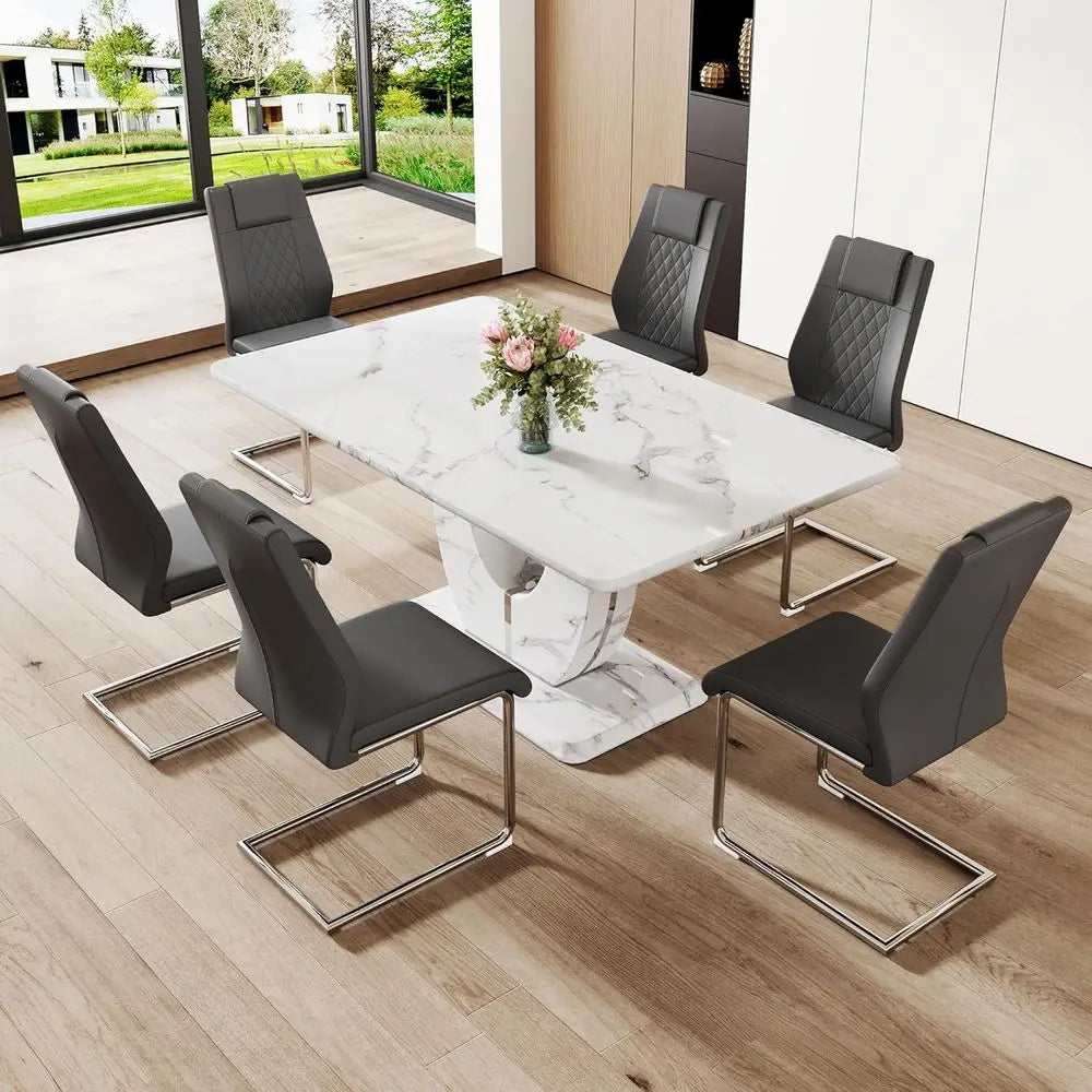 Dining Table Set or 6, Kitchen Table Chairs Set o 6, ern Dining Room Set with 63'' Marble Dinner Table PU Leather Upholstered Ch