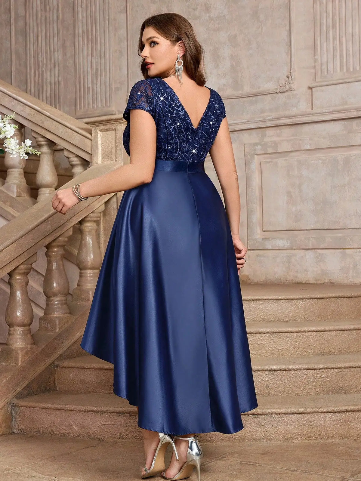 Plus Size V-Neck Sequin Embroidery Satin High-Low A-Line Formal Dress