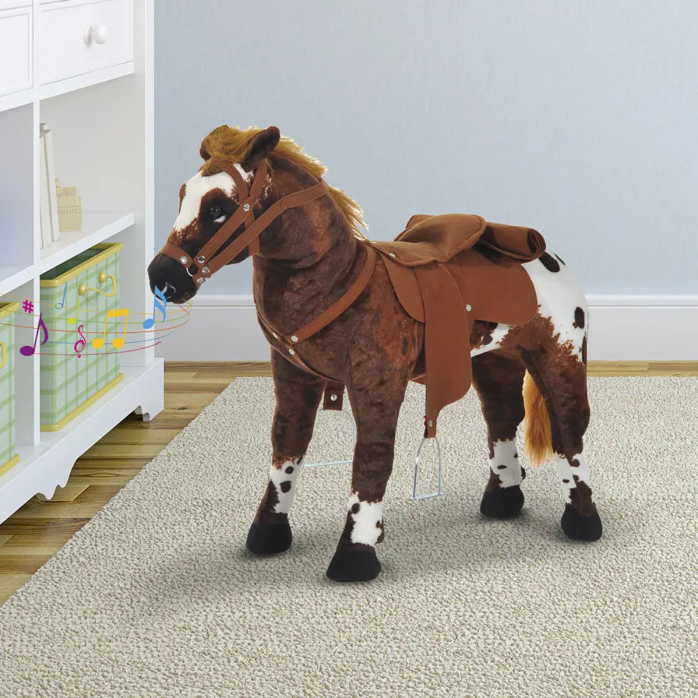 Qaba Sound Stuffed Horse Ride-On for Toddlers3-5: Neigh/Gallop, Padding, Soft Feel, Brown