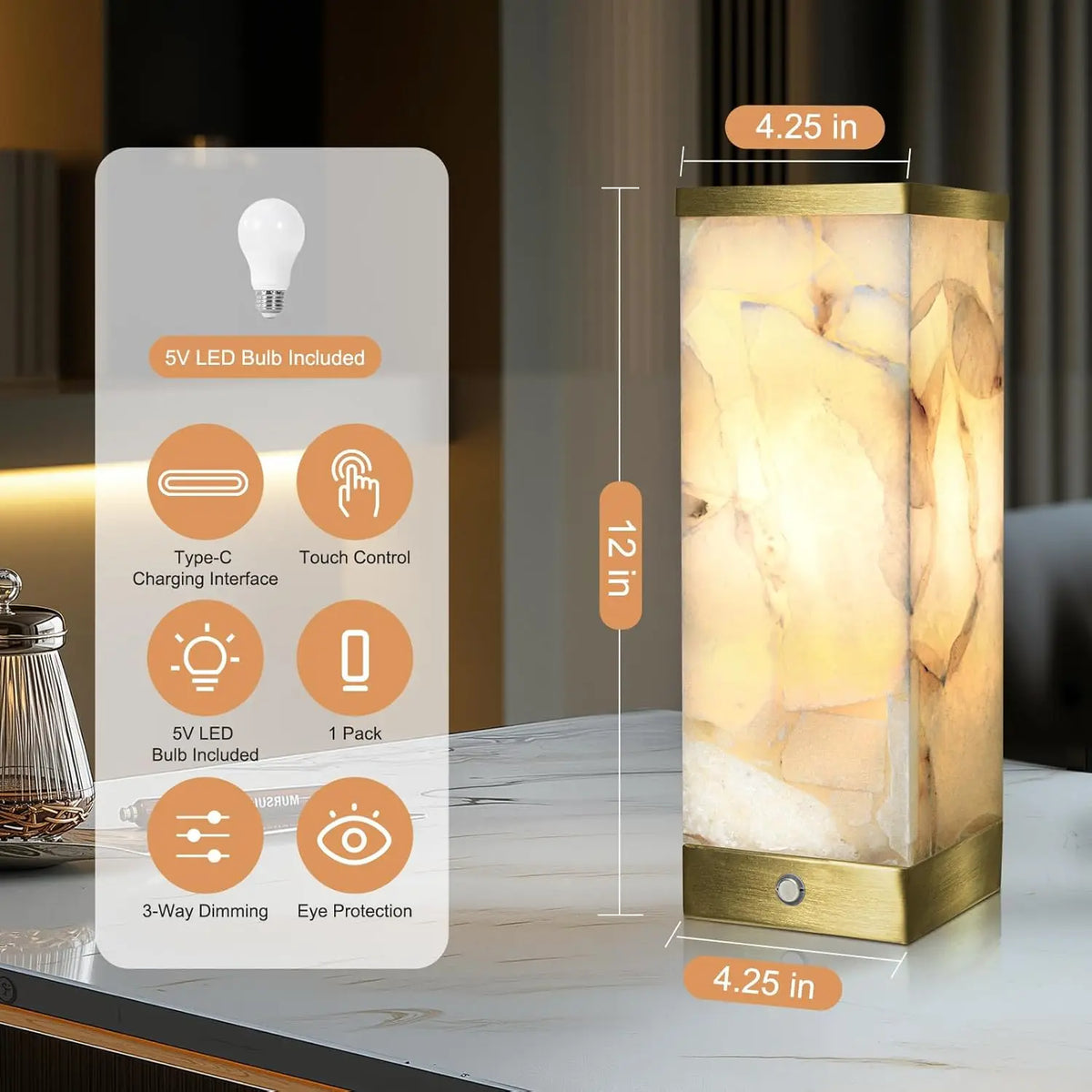 Rechargeable Cordless Table Lamp with Touch Control, 3-Level Brightness, USB-C Charging for Bedroom Living Room Office