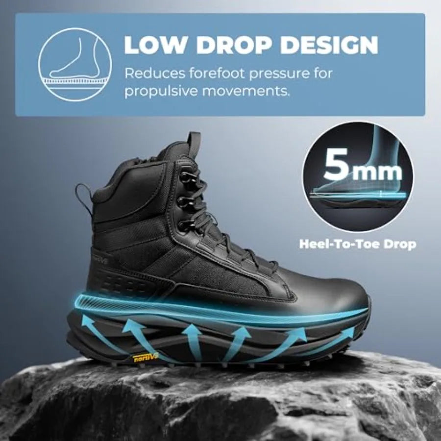NORTIV Men's Wide Toe Box Work Military Tactical Boots Barefoot Hiking Low Drop Leather Side Zipper Motorcycle Combat Boots Pik