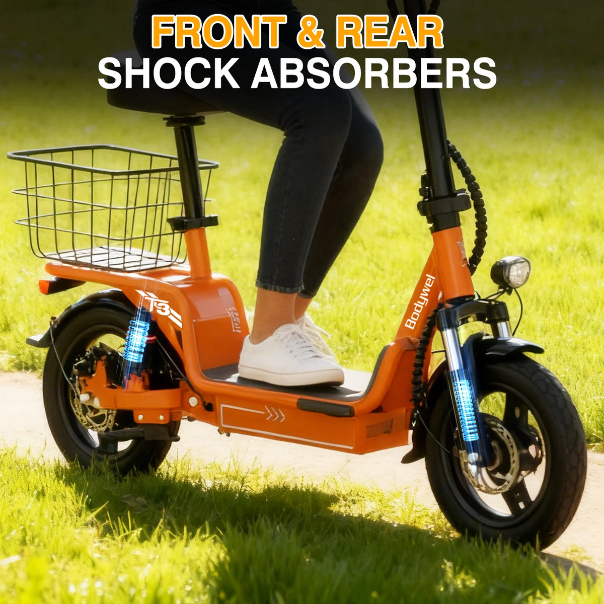 Bodywel T3 Electric Bike for Adults Electric Scooter with Seat, 14" Fat Tire E-bike, 500W 48V 9AH,Foldable ebike with Basket