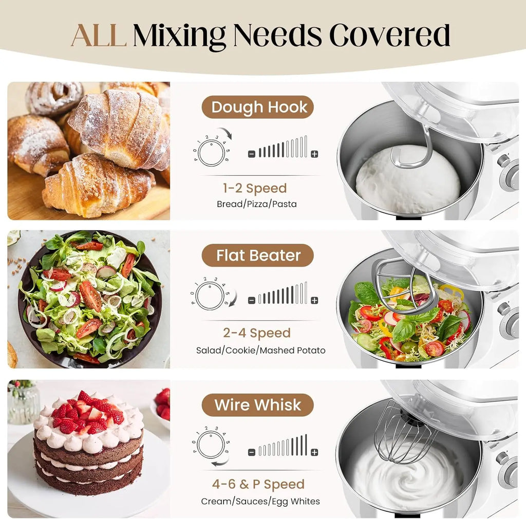 800W Electric Stand Mixer with 5.3QT Bowl, 6-Speed Control, Dough Hook, Whisk, Beater for Baking