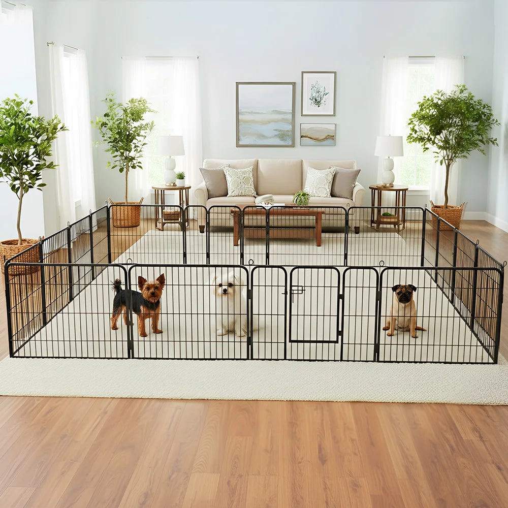 DOPINMIN 16 Panel Dog Fence Foldable Heavy Duty Metal Pet Playpen, Lockable Double Door, In/Outdoor Exercise Space for Animals