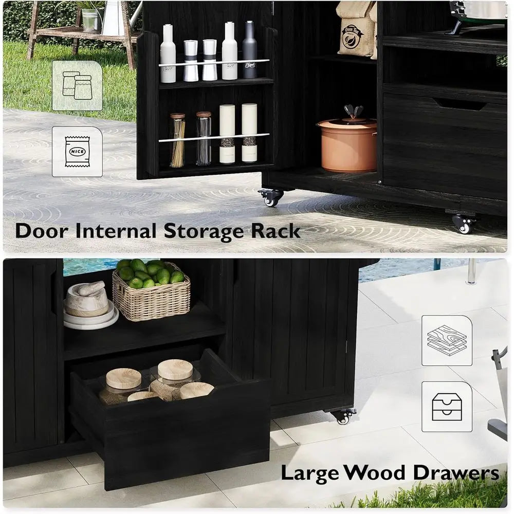66.5 Stainless Steel Top Wood Outdoor Kitchen Island with Rolling Cart, Storage, Spice & Towel Racks
