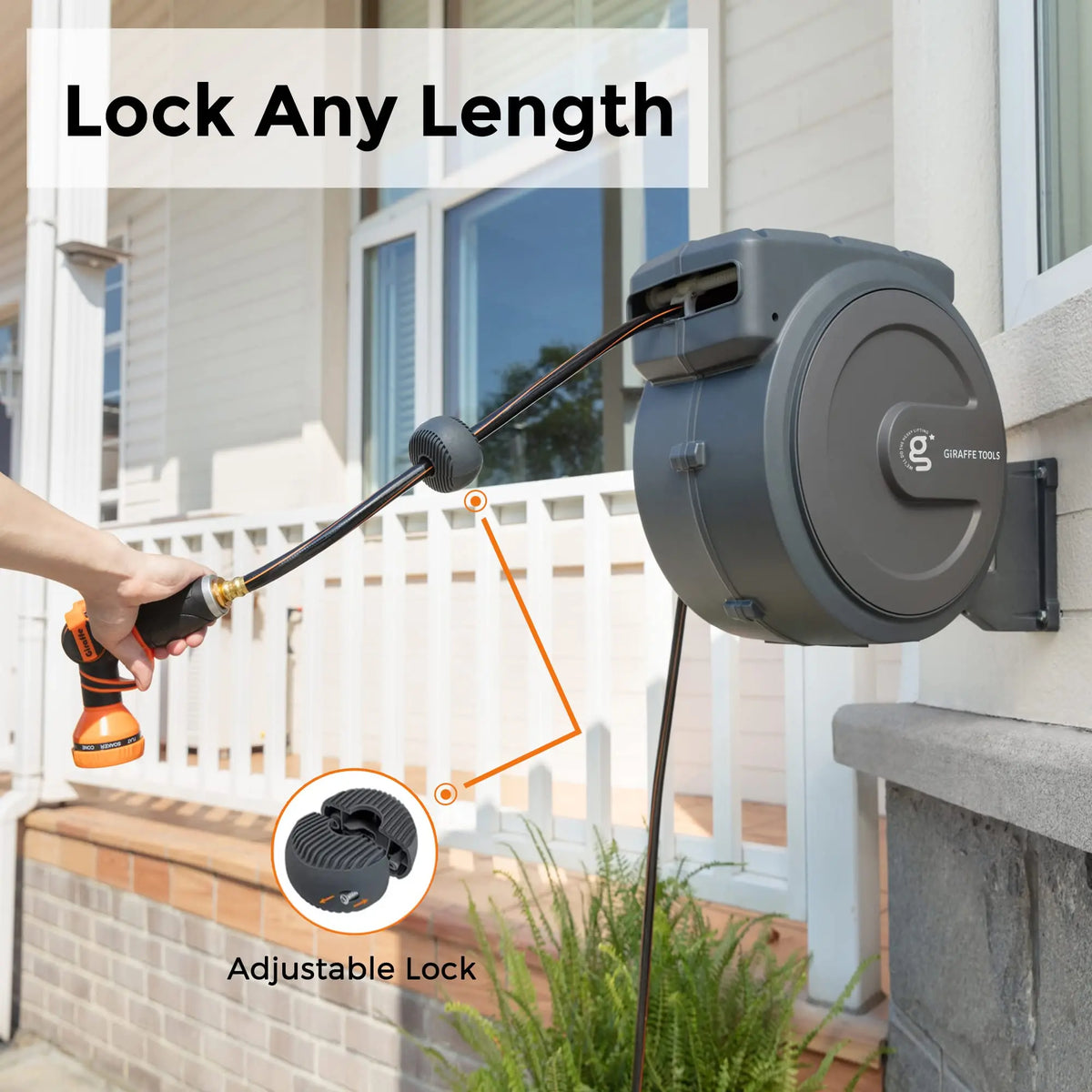 Giraffe Tools AW40 Retractable Garden Hose Reel 1/2 Inch x 130 ft hose, Super Heavy Duty, Any Length Lock, Slow Return System