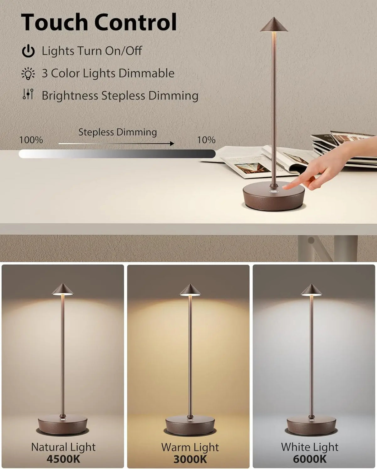 Rechargeable Cordless LED Table Lamp, Waterproof Touch Dimmable with 6000mAh Battery for Indoor Outdoor Use