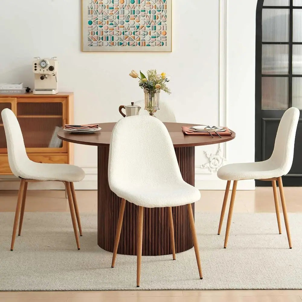 47 Inch Round Wooden Dining Table Set with 4 White Chairs for Space-Efficient Dining