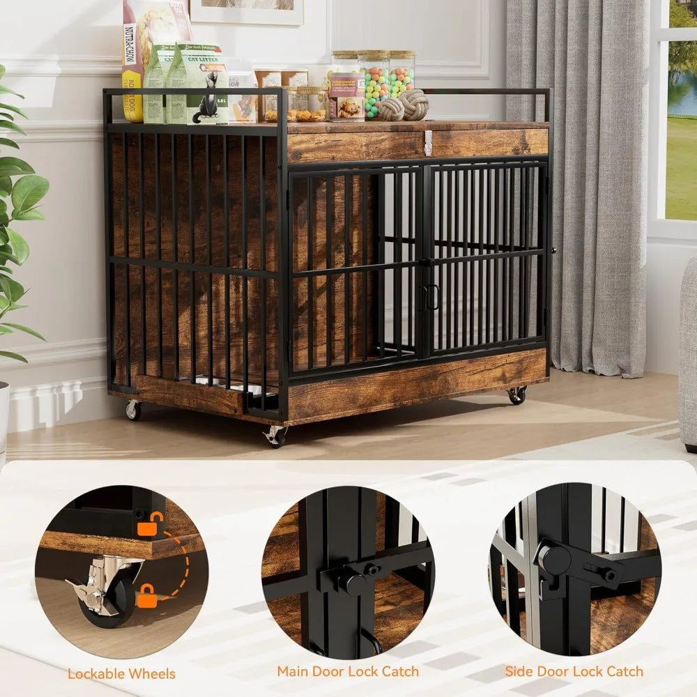 Extra Large Heavy Duty Dog Crate with Wooden Table and Stainless Steel Bowls for Large Dogs, XL Dog Kennel Furniture
