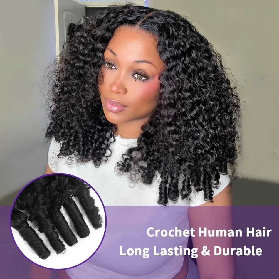 Burmese Curly Crochet Human Hair Extension Water Wave Brazilian Weave Pre Separated Knotless Feather Crochet Hair Bundles Black
