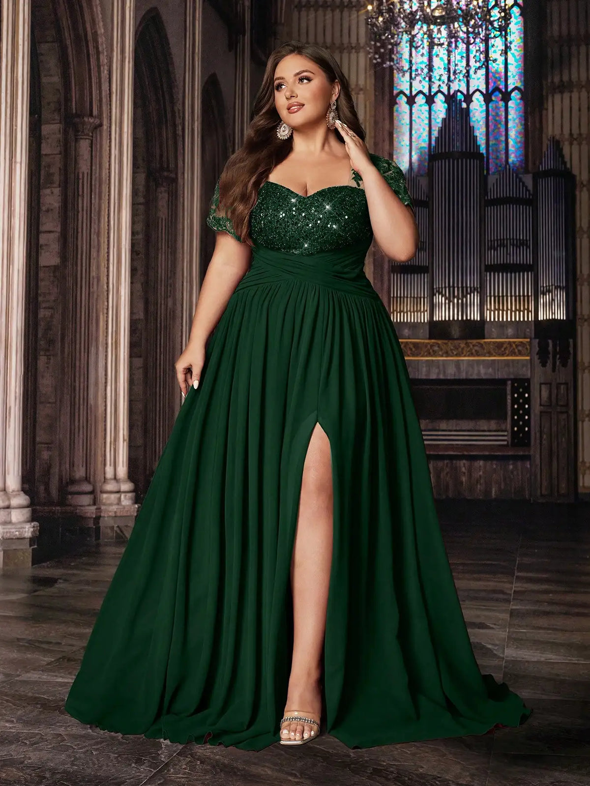 Plus Size Women Solid Green Sequined Applique Short Sleeve Floor Length Gown Dress