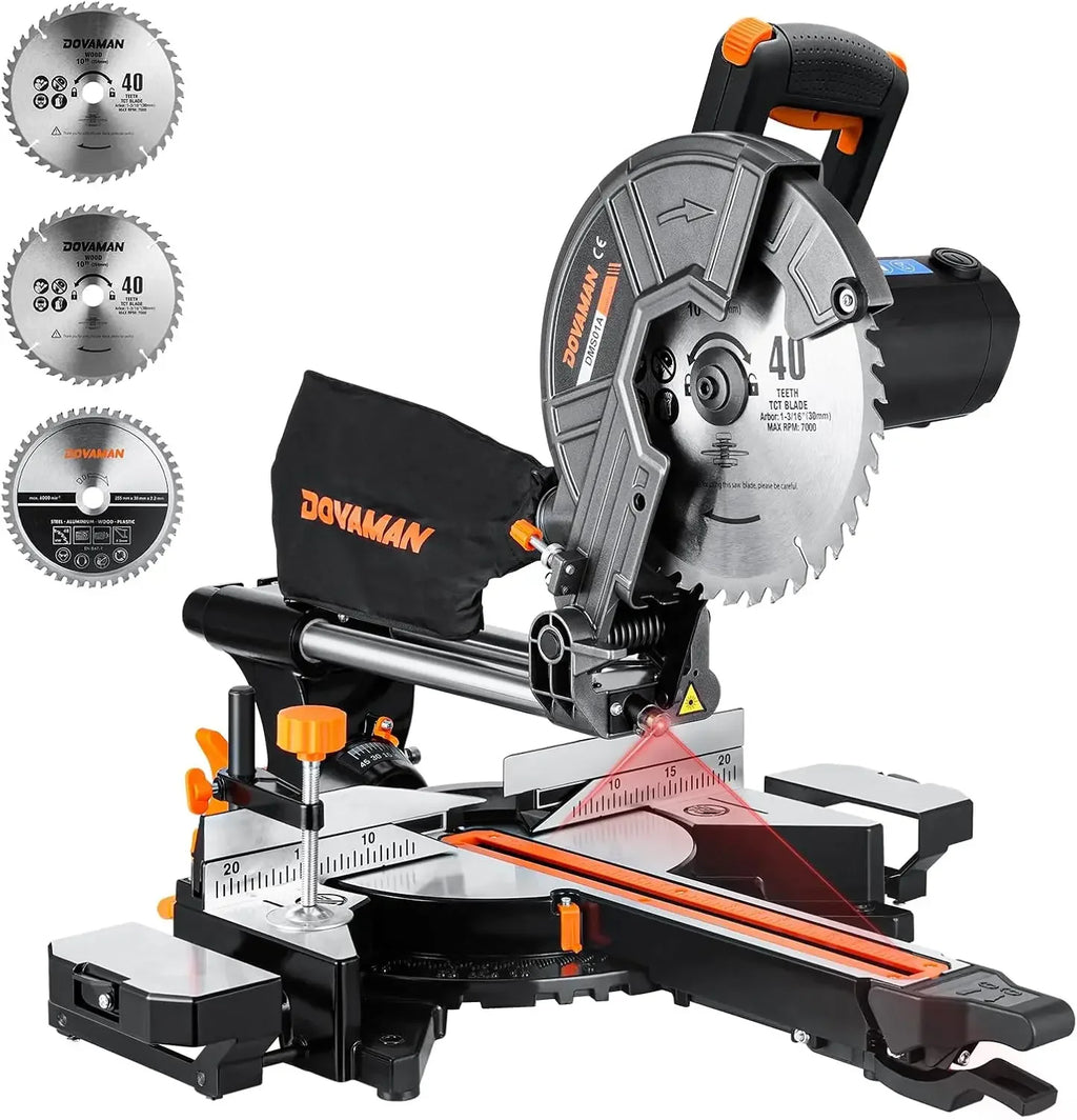 10in Sliding Miter Saw, Multi-use w/ 3 Blades, 15A Miter Saw, 4500/3200RPM, Ambidextrous Use, 0-45° Bevel Laser Cut