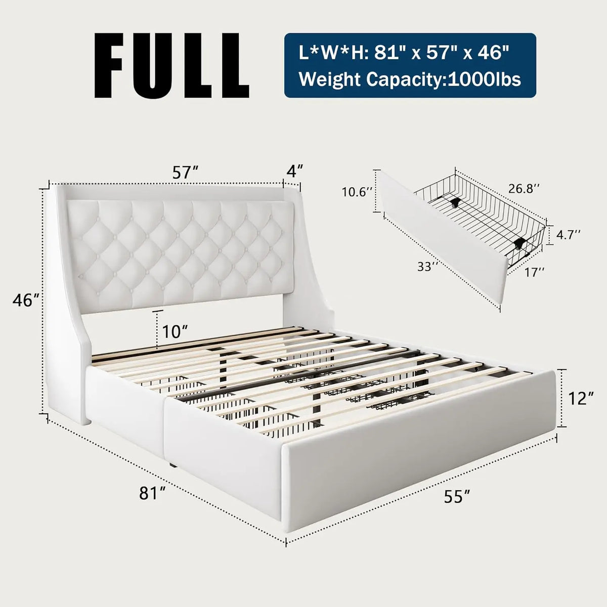 Full Bed Frame With 4 Storage Drawers, Huge Upholstered Wingback Headboard, Fast Charging Station, No Box Spring, Customized