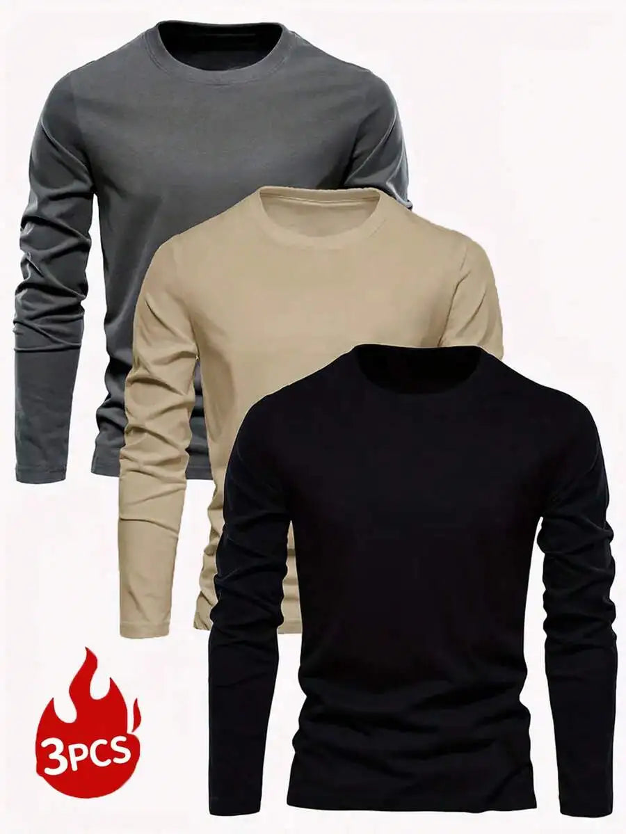 3-Pack Men's Solid Color Round Neck Slim Fit Long Sleeve T-Shirts for Casual Daily Wear